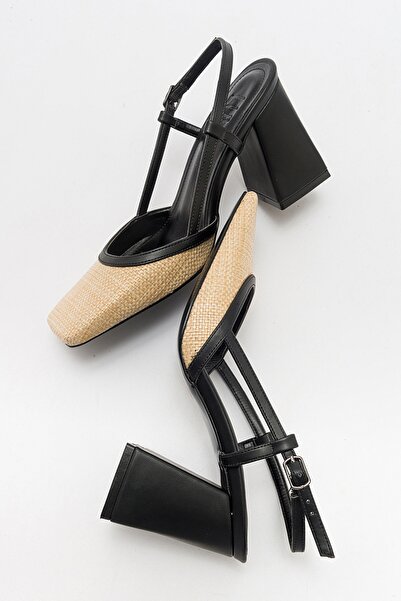 LuviShoes RİVİE Siyah Hasır Kadın Küt Burun Kalın Topuklu Ayakkabı