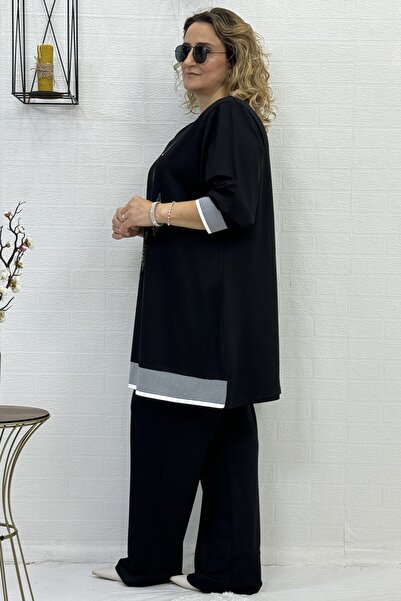 yagmurberen CRYSTAL 2 THREAD LYCRAL FABRIC STONE EMBROIDERY DETAIL EXTRA LARGE SIZE TUNIC PANTS DOUBLE SET