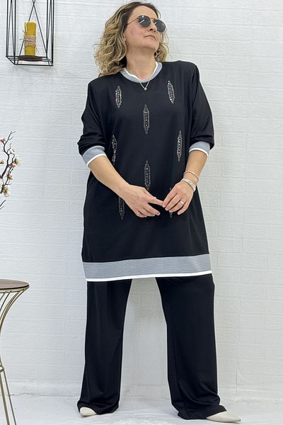 yagmurberen CRYSTAL 2 THREAD LYCRAL FABRIC STONE EMBROIDERY DETAIL EXTRA LARGE SIZE TUNIC PANTS DOUBLE SET