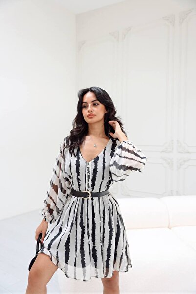 MYA Kadın Zebra Desenli Kemerli Balon Kol Mini Elbise, Kadın Tarz Günlük Elbi...