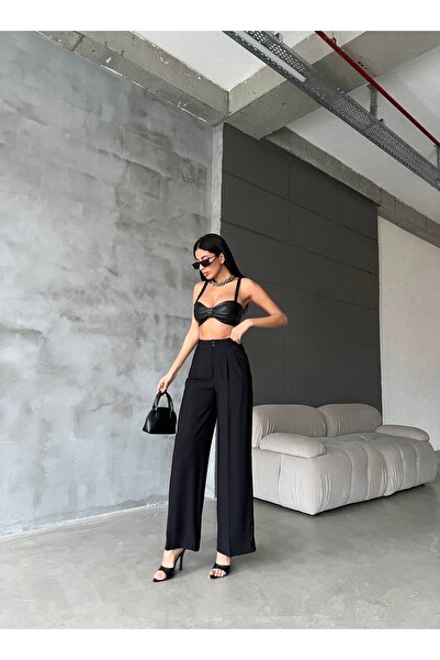 VOOLSTYLE Yüksek bel bol paça pantolon keten pamuk karışımı kumaş