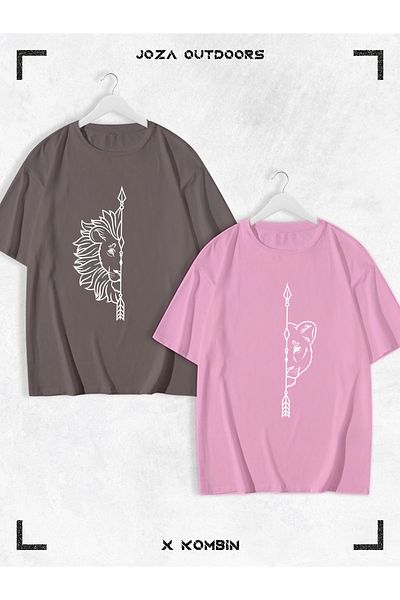 Joza Outdoors Γυναικεία Ανδρικά Unisex Lion με στάμπα Lover Couple Combination Oversize πολύχρωμο μπλουζάκι Σετ 2 τεμαχίων