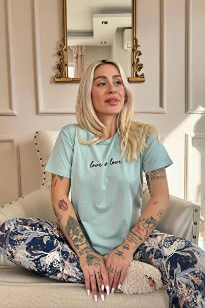 Pijamaevi Mint Love is Love Desenli Kısa Kollu Örme Kadın Pijama Takımı