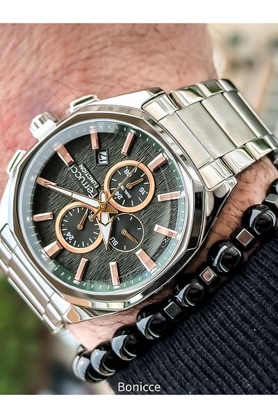 Ferrucci Functions Active Steel Band, Silver Color, Green Dial, Men's Wrist Watch Bracelet with Calendar