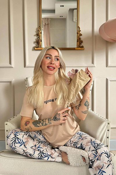 Pijamaevi Salmon Spring Style Patterned Short Sleeve Knitted Women's Pajamas Set