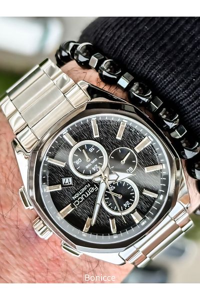Ferrucci Functions Active Steel Band, Silver Color, Black Dial, Men's Wrist Watch Bracelet with Calendar