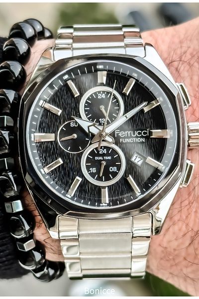 Ferrucci Functions Active Steel Band, Silver Color, Black Dial, Men's Wrist Watch Bracelet with Calendar