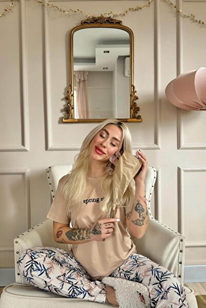 Pijamaevi Salmon Spring Style Patterned Short Sleeve Knitted Women's Pajamas Set