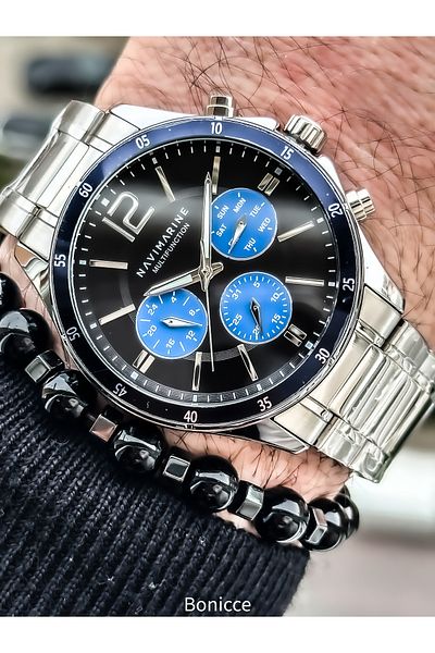 Navimarine Brand Functions Active, Dark Blue Steel Strap Men's Wristwatch + Bracelet