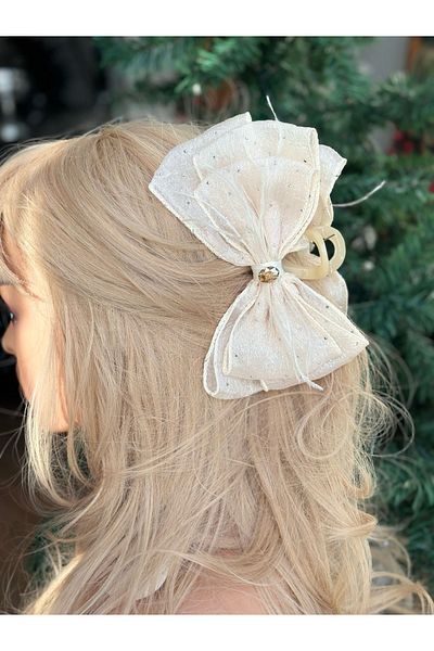 QUEEN AKSESUAR Imported luxury coarse large giant organza tulle bow feathered stone clothespin clip buckle beige cream color