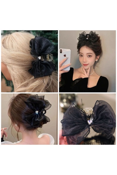 QUEEN AKSESUAR Imported Luxury Large Big Giant Organza Tulle Bow Feathered Rhinestone Clothespin Clip Buckle Black