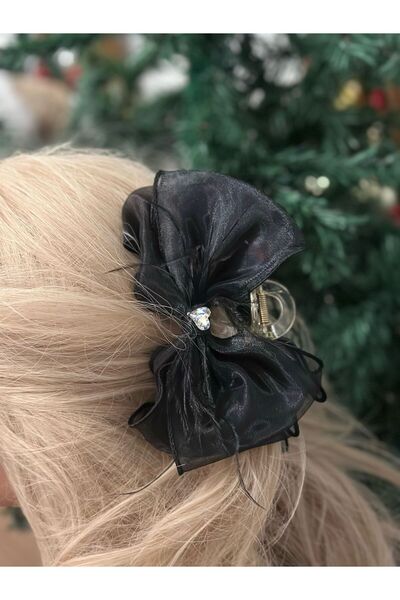 QUEEN AKSESUAR Imported Luxury Large Big Giant Organza Tulle Bow Feathered Rhinestone Clothespin Clip Buckle Black