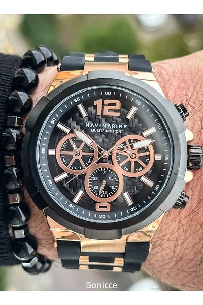 Navimarine Black Silicone Band Functions Active Men's Wristwatch + bracelet