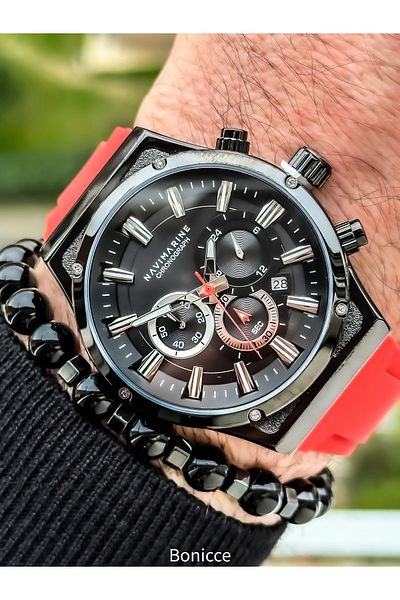 Navimarine Brand Red Silicone Cord Functions Active Men's Wrist Watch+bracelet