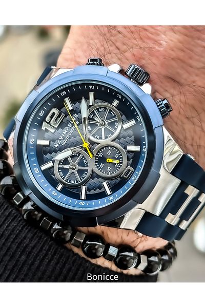 Navimarine Blue Silicone Band Functions Active Men's Wristwatch + Bracelet
