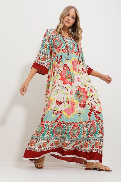 Trend Alaçatı Stili Women's Mint Front Laced Patterned Woven Viscose Dress Alc-X11595