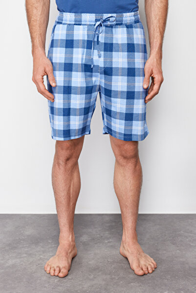 Trendyol Collection Πλεκτό σορτς Indigo καρό σε κανονική εφαρμογή Σετ πιτζάμες TMNSS24PT00026