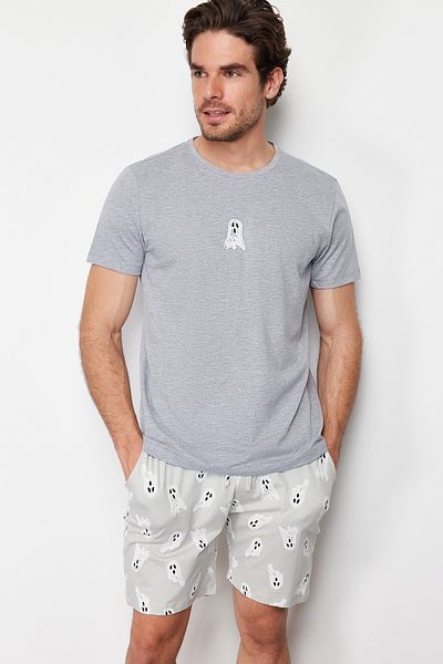Trendyol Collection Pletené šortky s šedým potiskem Regular Fit Pyžamový set TMNSS24PT00024
