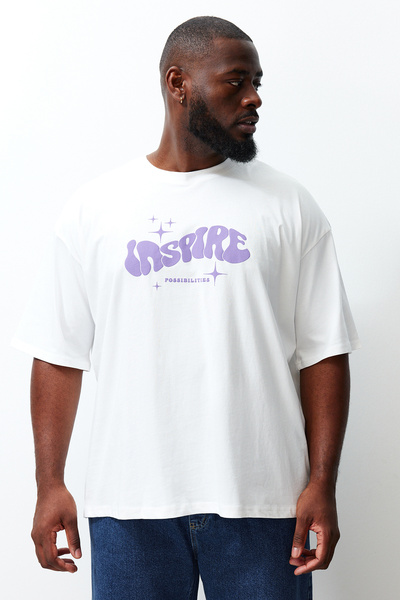 Trendyol Collection Ecru Unisex Oversize Printed Couple T-Shirt 100% Cotton - Tmnss24Bf00049