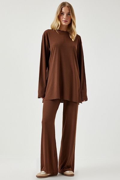 Happiness İstanbul Braunes Cord-Strickblusen-Hosen-Set für Damen KH00088