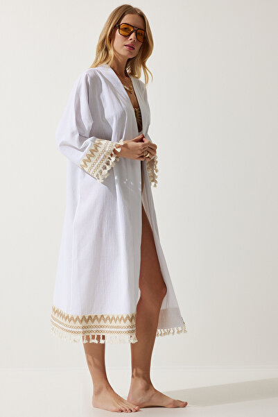 Happiness İstanbul Women's White Tassel Guipure Detailed Long Linen Kimono OH00042