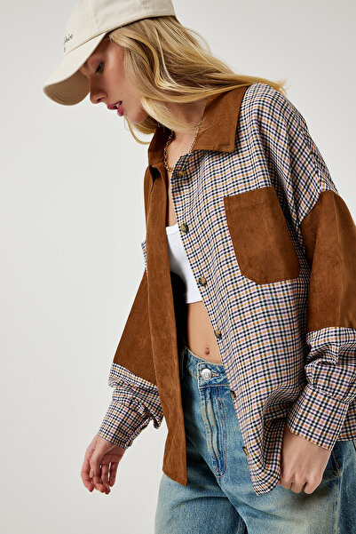 Happiness İstanbul Γυναικείο πουκάμισο υφασμένο από καστόρι χρώματος μαυρίσματος χρώματος WF00064