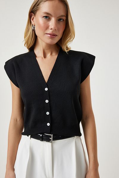 Happiness İstanbul Women's Black Buttoned Short Knitwear Vest YY00206