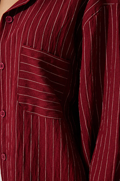 Happiness İstanbul Női bordó csíkos viszkóz ing zsebekkel DE00030