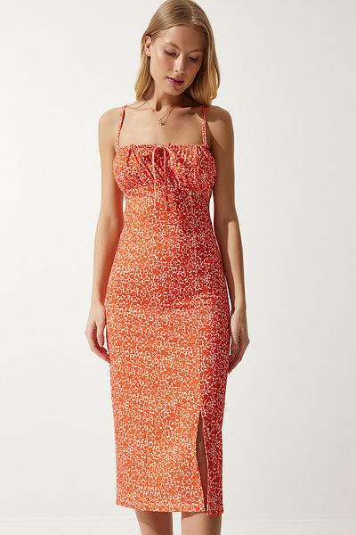 Rochie tricotată de vară cu fantă florală, alb, portocaliu, pentru femei CI00029