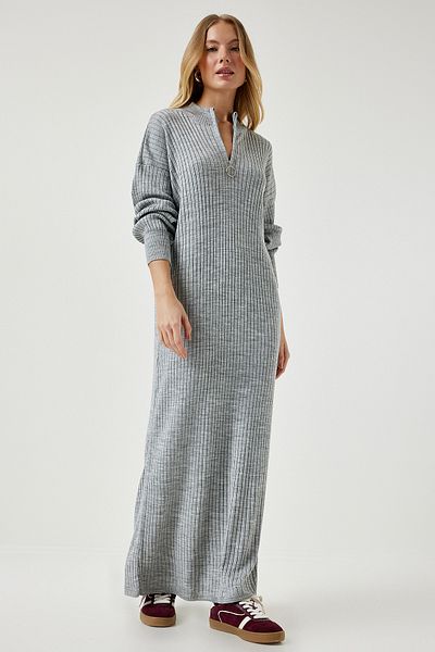 Happiness İstanbul Women's Gray Zippered Collar Ribbed Long Knitwear Dress DD01295