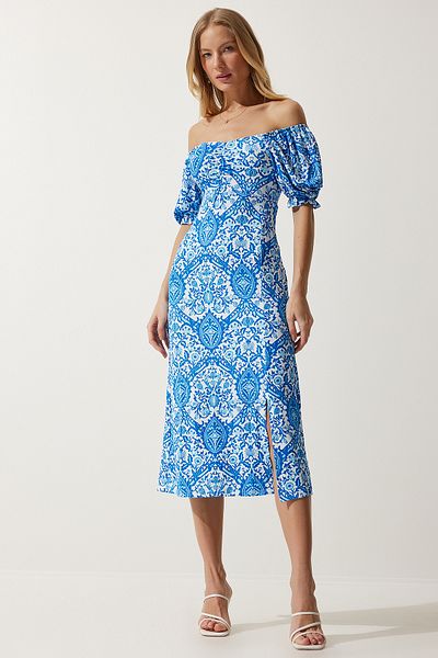 Happiness İstanbul Blau-weißes elastisches Sommerkleid für Damen mit Carmen-Kragen – MC00172