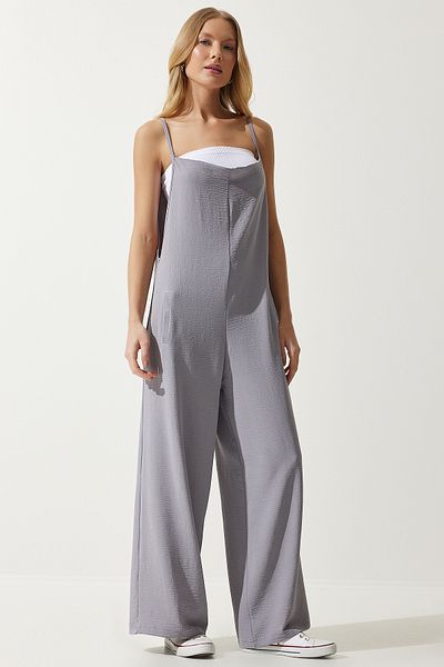 Happiness İstanbul Grauer lockerer Strick-Jumpsuit mit Trägern für Damen BF00095