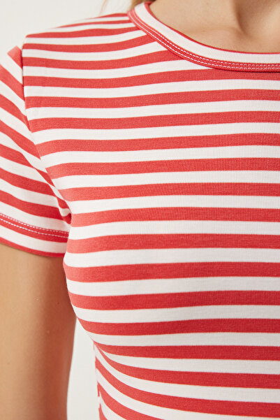 Happiness İstanbul Damska koszulka z dzianiny w ciemnopomarańczowe paski NJ00139