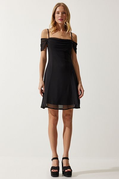 Happiness İstanbul Women's Black Strappy Degaje Collar Chiffon Dress UB00265