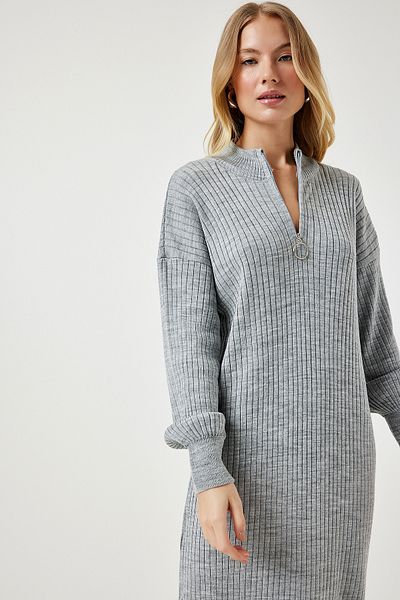 Happiness İstanbul Women's Gray Zippered Collar Ribbed Long Knitwear Dress DD01295