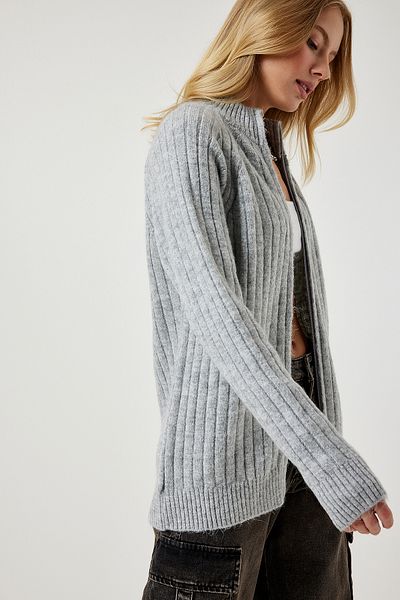 Happiness İstanbul Graue Strickjacke mit Reißverschluss für Damen DD01301