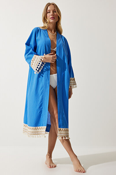Happiness İstanbul Dámské modré střapec Guipure Detailed Long Linen Kimono OH00042