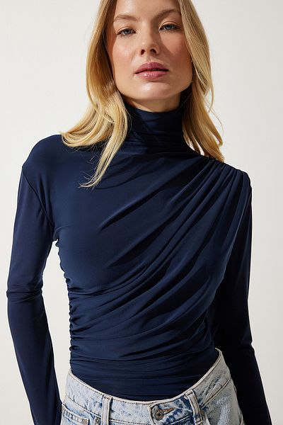 Happiness İstanbul Marineblaue Sandy Bluse mit Stehkragen und Raffung für Damen FF00135