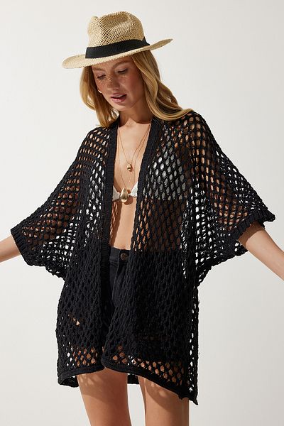 Happiness İstanbul Schwarzer, perforierter Damen-Strickcardigan mit Fledermausärmeln NJ00138