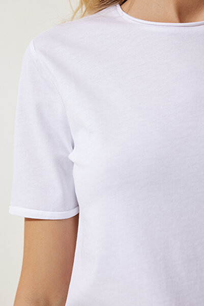 Happiness İstanbul Dámské bílé základní pletené triko s Crew Neck UB00229