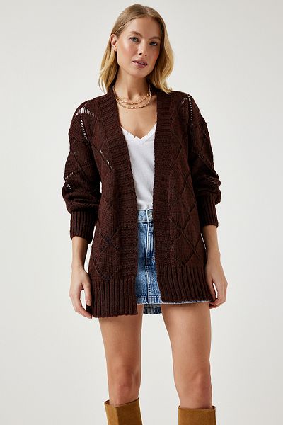 Happiness İstanbul Woman's Brown Baklava Patterned Corrugated Knit Cardigan MC00212