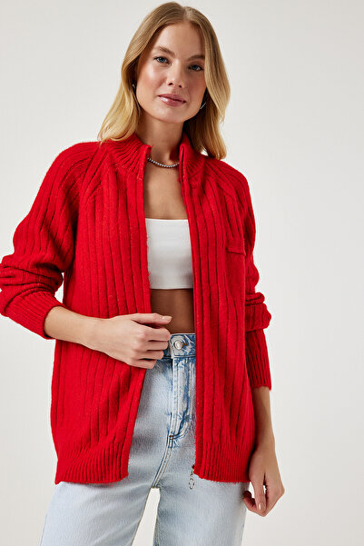Happiness İstanbul Női piros cipzáras kötött kardigán DD01301