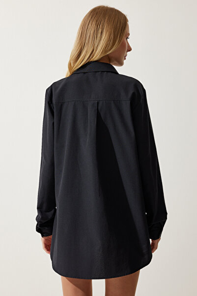 Happiness İstanbul Női fekete hasított poplin barát ing MX00154