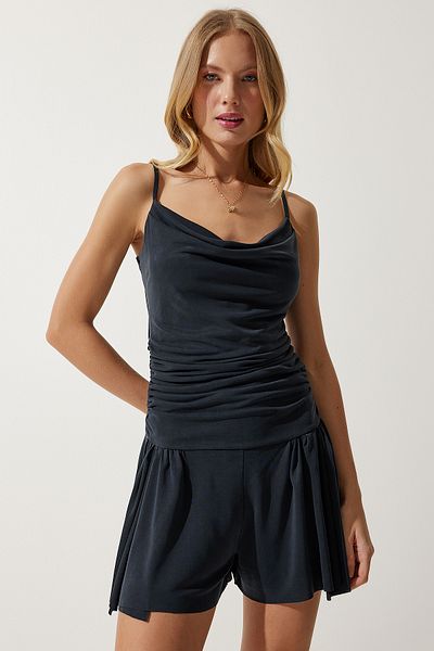 Happiness İstanbul Women's Anthracite Degaje Collar Strap Knitted Jumpsuit UB00264