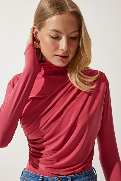 Happiness İstanbul Női Candy Pink Gather részletes állógallér Sandy blúz FF00135