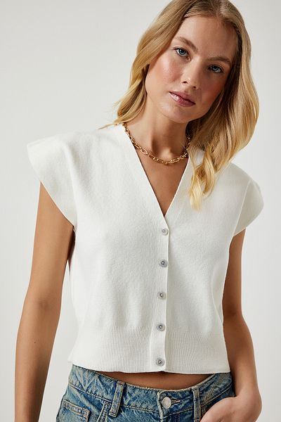 Happiness İstanbul Damen Strickweste mit Knopfleiste in Knochenoptik, kurz, YY00206