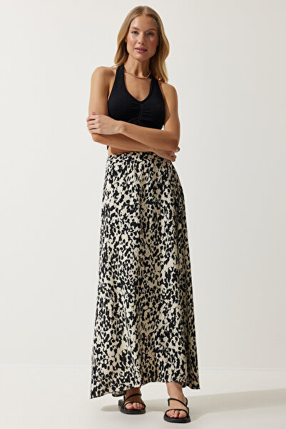 Happiness İstanbul Damska kremowa czarna wzorzysta długa spódnica z wiskozy DD01302