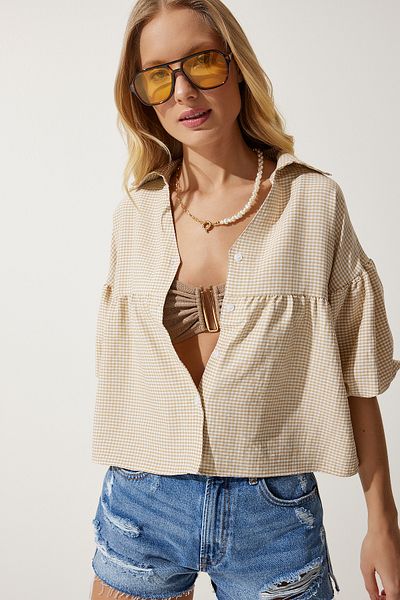 Happiness İstanbul Beiges gewebtes Gingham-Hemd mit Ballonärmeln für Damen RG00013