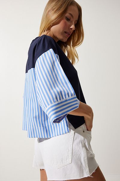 Happiness İstanbul Women's Navy Blue Color Block Combed Poplin Blouse RC00151