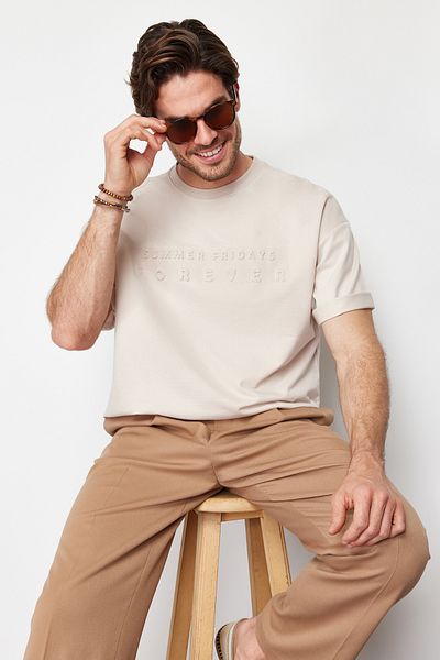 Trendyol Collection Προσαρμοσμένο τυπωμένο γκρι βαμβακερό μπλουζάκι - TMNSS24TS00061